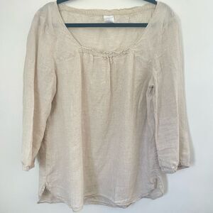 Lands' End Tan Smocked 3/4 Sleeve Cream Peasant 100% linenBlouse Top Size Medium